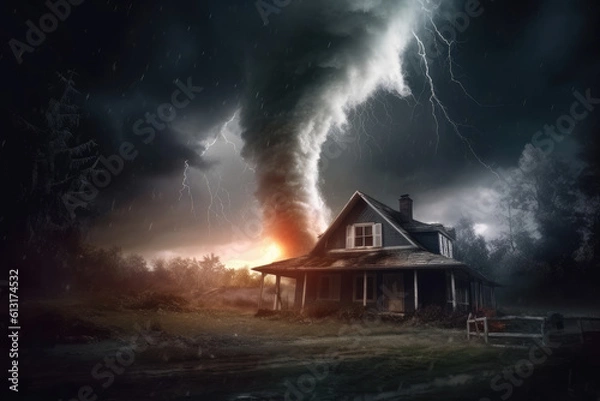 Fototapeta Large tornados destroying house