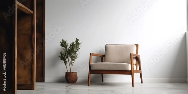 Fototapeta AI Generated. AI Generative. Minimalistic living room design decoration with elegant armchair at wall wirh plant and cozy decor. Graphic Art