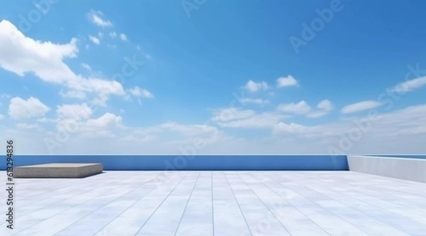 Fototapeta Blue sky and white clouds display background, terrace made of tiles, AI generated