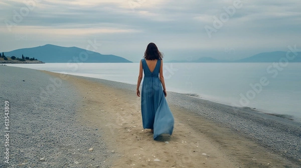 Fototapeta beautiful woman in a blue dress on the beach - Generative AI