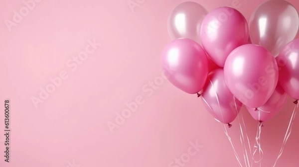 Fototapeta Pink balloons on pink background. Balloons on pastel pink background. Frame made of pink balloons. Birthday, holiday concept. Flat lay, copy space.