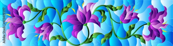 Fototapeta An illustration in the style of a stained glass window with purple flowers on a blue sky background