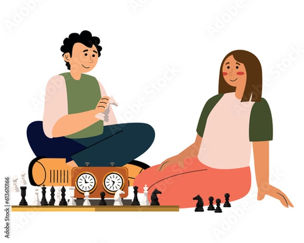 Fototapeta Wife and husband playing chess on white background