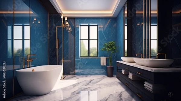 Obraz A luxurious bathroom with marble accents and sleek modern design. The room features a freestanding bathtub and a glass-enclosed shower. The walls are painted blue color, with metallic. Generative ai.