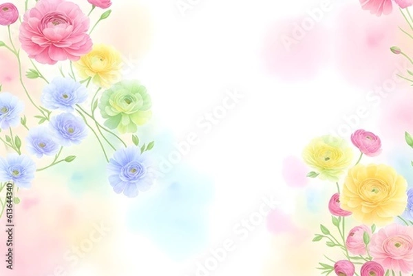 Fototapeta Ranunculus flower. Florist decoration. Natural floral background. Floral background with place for text. Templates for design, botanical illustration in watercolor style. Generative AI.