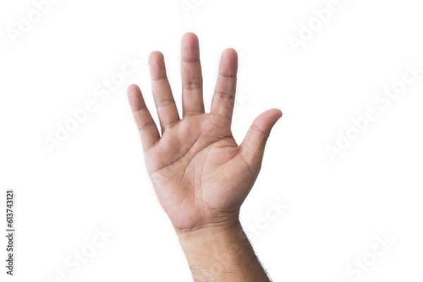 Fototapeta Close-up man's hand goodwill gesture. Open outstretched hand, showing five fingers, extended in greeting copy space isolated on white background. Space for text.