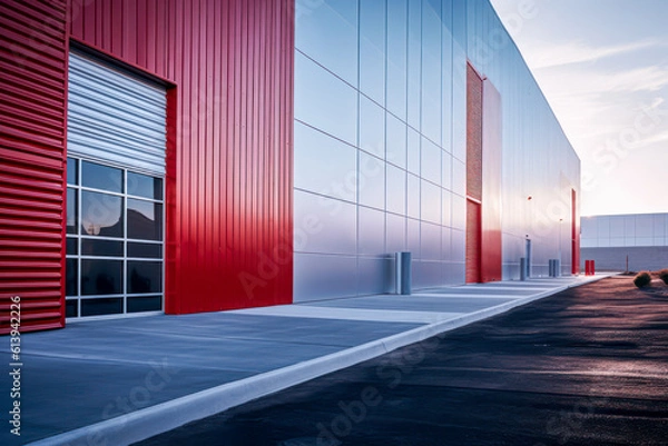 Fototapeta Modern sleek warehouse office building facility exterior architecture. Generative AI