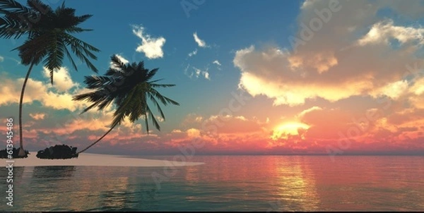 Fototapeta Beautiful beach with a palm tree at sunset, Sea sunset, ocean sunset, sun over water, sunny path on water, wild snowy coast at sunset, 3D rendering