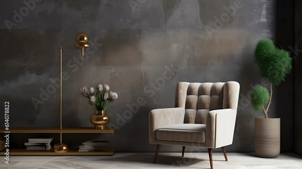 Fototapeta Style loft interior with gray armchair on dark cement wall.