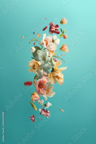 Obraz Beautiful spring flowers flying in the air, against teal background; Creative spring floral layout. Minimal birthday, valentines or wedding concept. AI generated. Illustration.