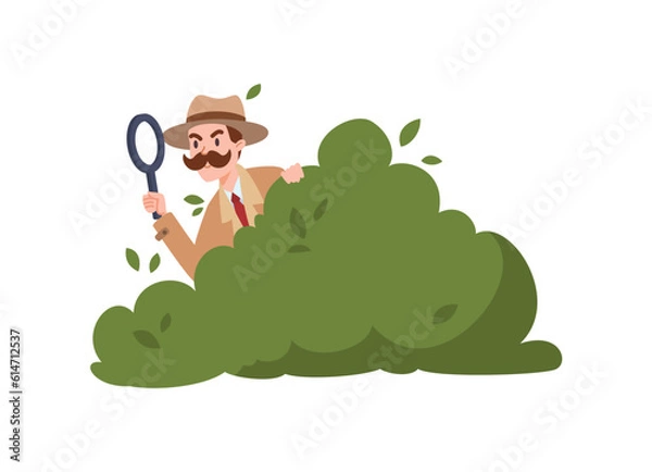 Fototapeta Curious detective hiding in bushes and looking through magnifier, flat vector illustration isolated on white background.