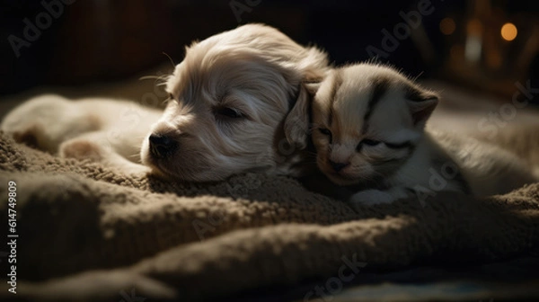 Fototapeta The photo depicts an adorable scene of a puppy and a kitten cuddled together, showcasing the pure innocence and sweetness of their bond. Their tiny bodies rest comfortably against each other, creating