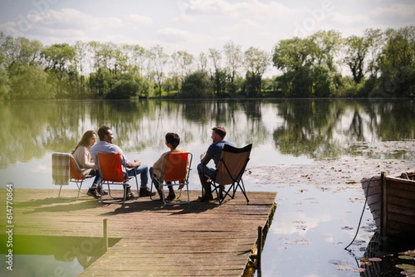 Fototapeta Friends talking hanging out at sunny lakeside dock