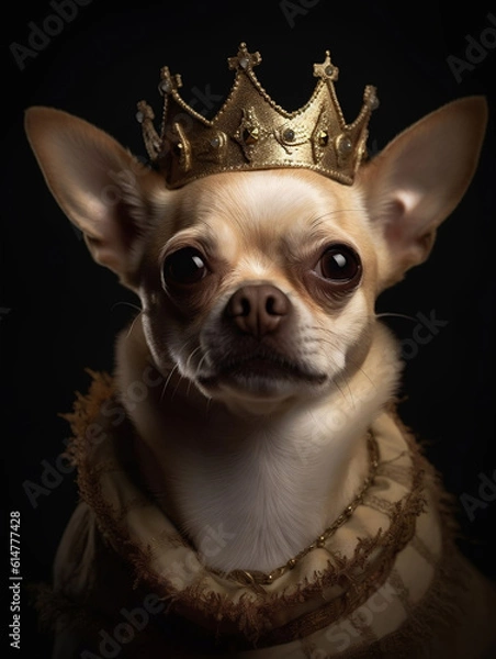 Fototapeta Chihuahua dressed as a king with a crown on the head, Royal Pet Portrait, dog dressed as a monarch. Generative AI	