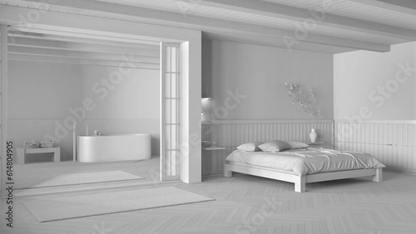 Fototapeta Total white project draft, minimal japandi bedroom and bathroom. Double bed with pillows, freestanding bathtub and herringbone parquet floor. Modern interior design