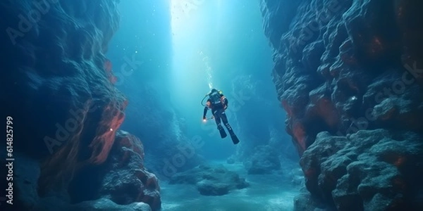 Fototapeta Scuba deep sea diver swimming in a deep ocean cavern . Underwater exploration. Into the abyss