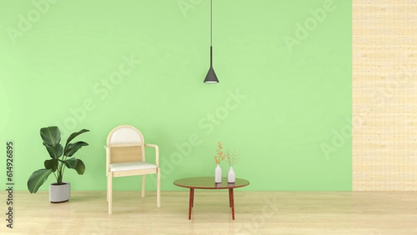 Fototapeta Green living room with an armchair and plant, 3D Rendering