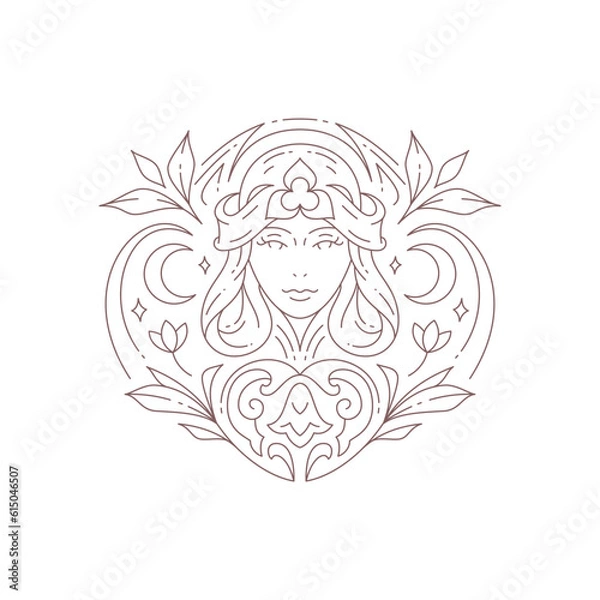 Fototapeta Woman mystic goddess magic witch portrait abstract flowers minimal line logo spa beauty salon vector