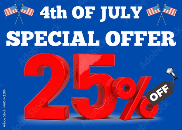 Fototapeta 4th of July special offer Discount 25% sign with blue and red colours