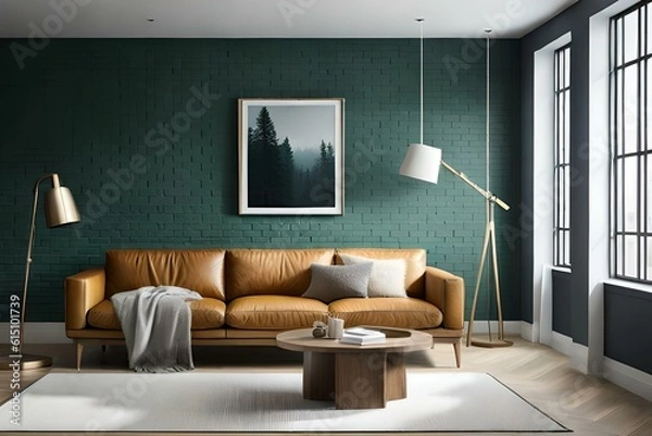 Fototapeta 3D Mockup canvas frame in dark green home interior with sofa, fur, table and branch in vase , created with AI