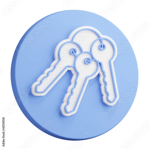 Obraz 3D button rendering of Bunch of keys on ring from lock of front door of residential building. Round handle key. Realistic blue white PNG illustration isolated on transparent background