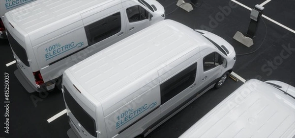 Fototapeta Fleet of generic electric EV delivery vans charging on charging stations