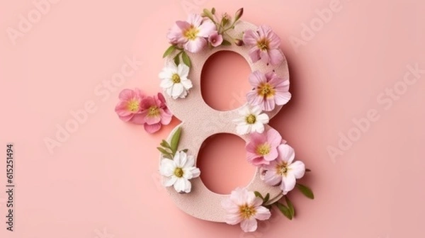 Fototapeta Illustration of a creative number 8, eight, with spring flowers on a pink background