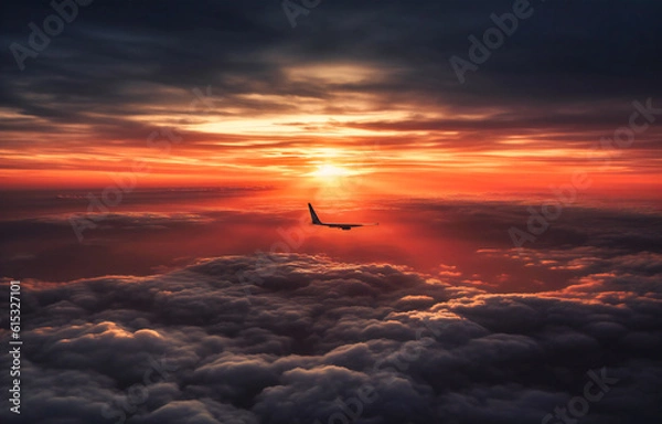 Fototapeta an airplane flight shows the sunrise across the clouds