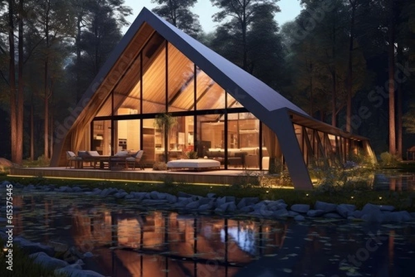 Fototapeta Beautiful modern wooden cottage villa by a lake surrounded by trees in the mountains, Minimal style.