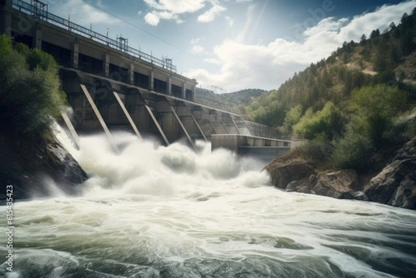 Obraz view of hydroelectric power plant, with water rushing through the turbines and into the river below, created with generative ai