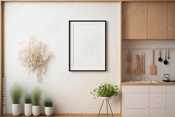 Fototapeta black empty frame hangs near the table on a beige kitchen wall