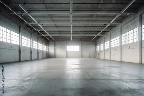 Fototapeta Empty big warehouse, Warehouse or industrial building, Modern interior design empty space for product display or industry background.