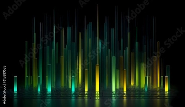 Fototapeta An abstract dark background with green, yellow and blue, in the style of thin steel forms