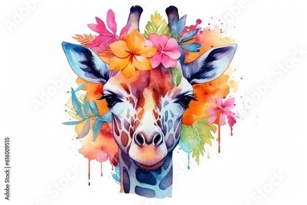 Fototapeta Watercolor Giraffe Portrait with Tropical Flowers on white background.