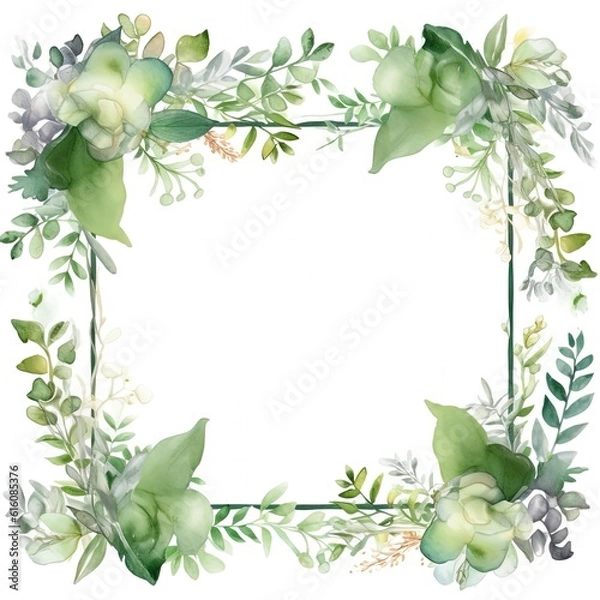 Fototapeta Watercolor decorative frame. Abstract background. Invitation, advertisement, thanks. Ornamental leaves. Generative AI.