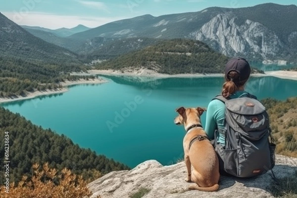 Fototapeta portrait of woman and her dog enjoying hiking. AI Generative