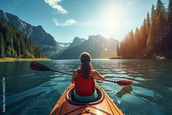 Fototapeta Back view of woman kayaking in crystal lake near alps mountains, Generative ai