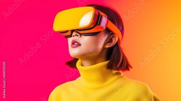 Fototapeta Portrait of a beautiful asian woman wearing virtual reality goggles.Generative Ai