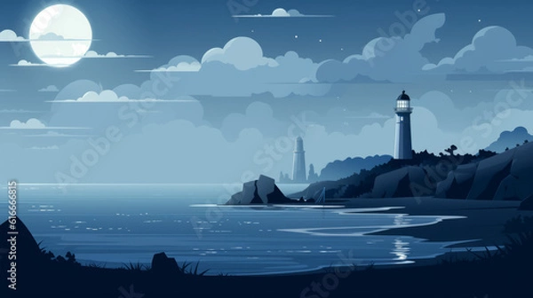 Fototapeta Moonlit beach and a lonely lighthouse in the style of pixel art with atmospheric clouds dark sky-blue and gray