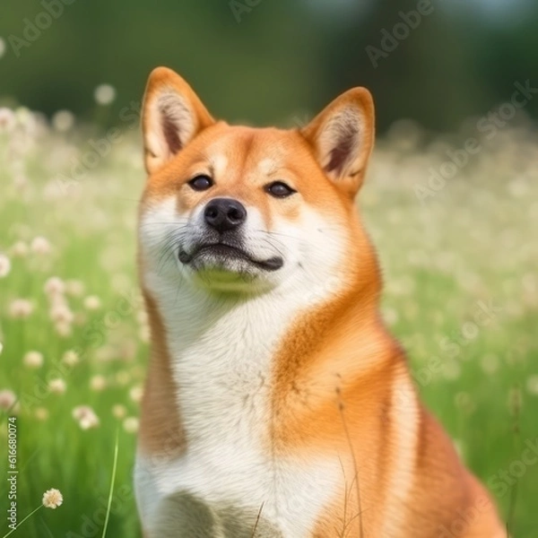 Fototapeta Shiba Inu dog portrait in a sunny summer day. Closeup portrait of a purebred Shiba Inu dog in the field. Outdoor portrait of a beautiful Shiba Inu dog in a summer field. AI generated