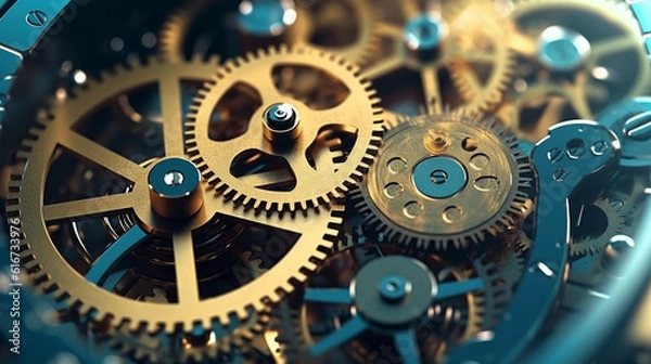 Fototapeta Macro view Gears and cogs in clockwork watch mechanism. Generative Ai