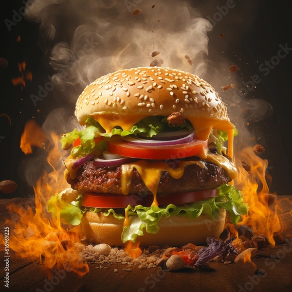 Fototapeta hamburger on the table, steam showing it hot and ready to eat. Great for advertisement 