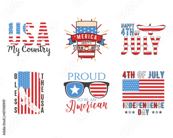 Fototapeta 4th of July typography 6 designs set with quotes and elements - hot dog, flags. US Independence Day cliparts. Fourth of July calligraphy, lettering compositions. emblems for t-shirt