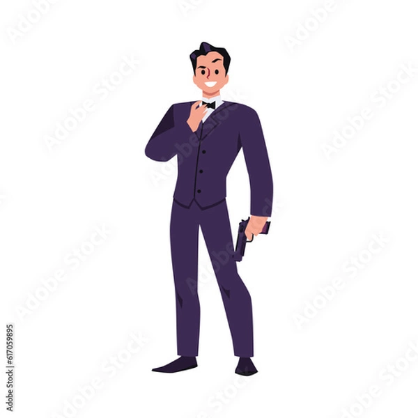 Obraz Secret agent cartoon vector isolated illustration on white background, tall elegant man in suit with bow tie stands with gun