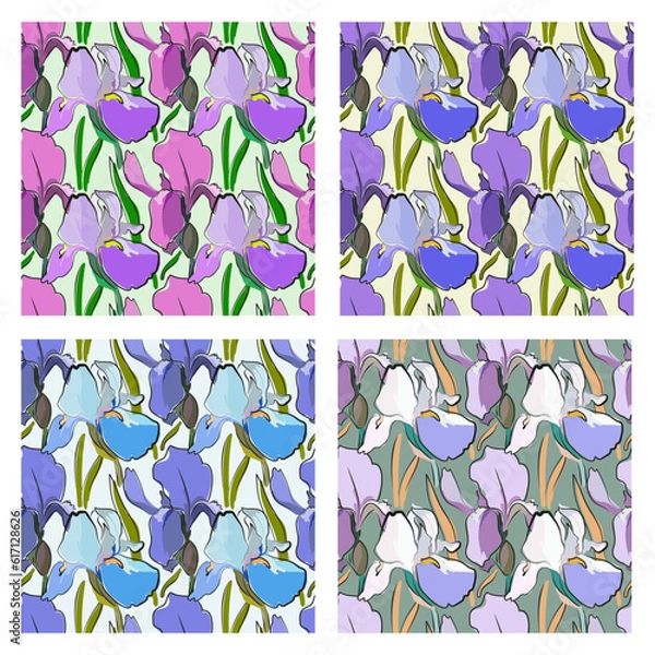 Fototapeta The  sat of seamless pattern with elements of leaves and flowers. Hand drawn. Grass and irises. Green, blue, purple. Abstract background. Summer floral decorative print. Suitable for textiles, fashion