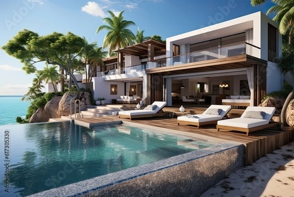 Fototapeta 3d rendering of a luxury villa with swimming pool and beach