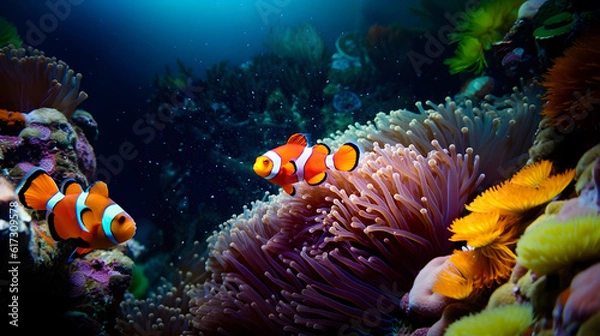 Fototapeta Nemo fish among coral reefs. Marine  environment. AI generated