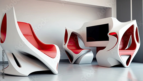 Fototapeta Futuristic Digital Kiosk and Modern Chairs in Interior Design. Generative AI Technology.