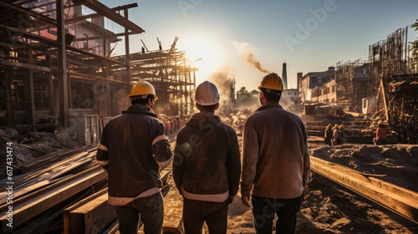 Fototapeta Group of engineer and worker working on construction site at sunset time. Generative AI.