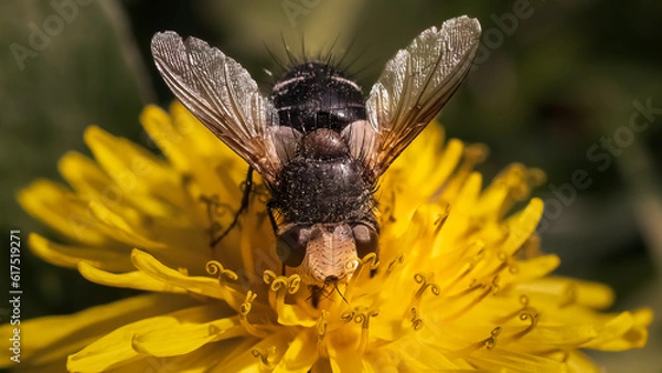 Fototapeta A frontal view of a Tachnid Gonia Fly feeding and pollinating a yellow dandelion flower with wings extended. Long Island, New York, USA